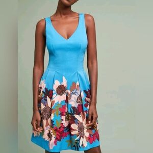 TRACY REESE X ANTHROPOLOGIE Spring Daisy Dress Fit&Flare Turquoise Blue Size 4